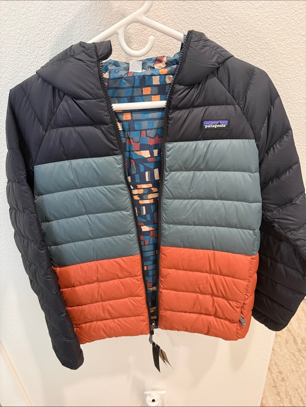 Patagonia Kids Colorblock Hooded Puffer Jacket - Black/Blue-Green/Orange